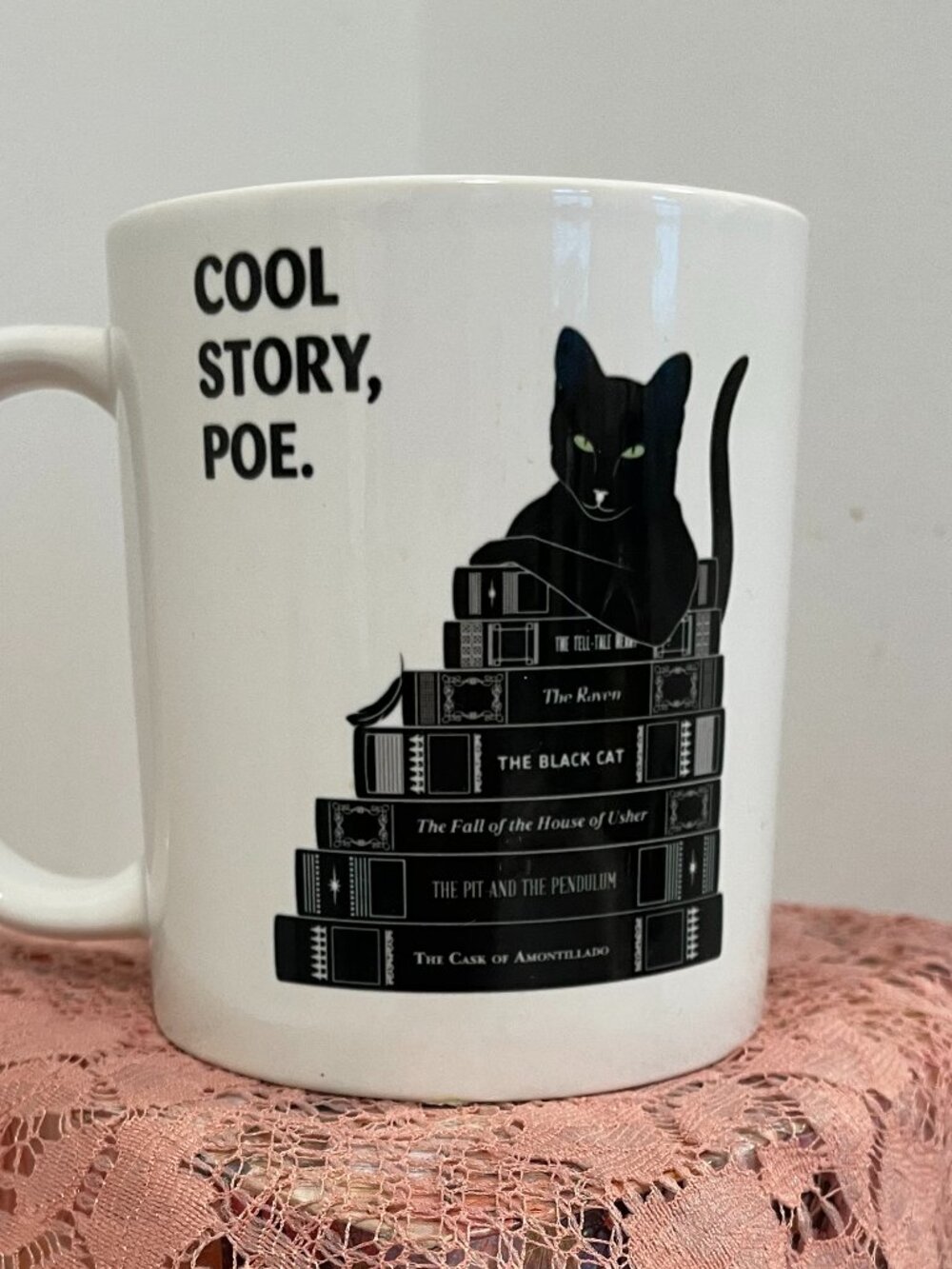 White Ceramic Mug with Black Cat & Edgar Allen Poe Books "Cool Story, Poe"